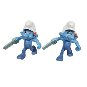 2011 McDonald's Smurf Toy Handy Smurf PVC Figurine‎ Cake Topper Lot of 2 R35